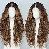 LAYSHAGO Highlight Brown Mix Blonde 13x6 Synthetic Lace Front Wigs Pre Plucked 26 Inch Long Wavy 100% Futura Premium Wigs For