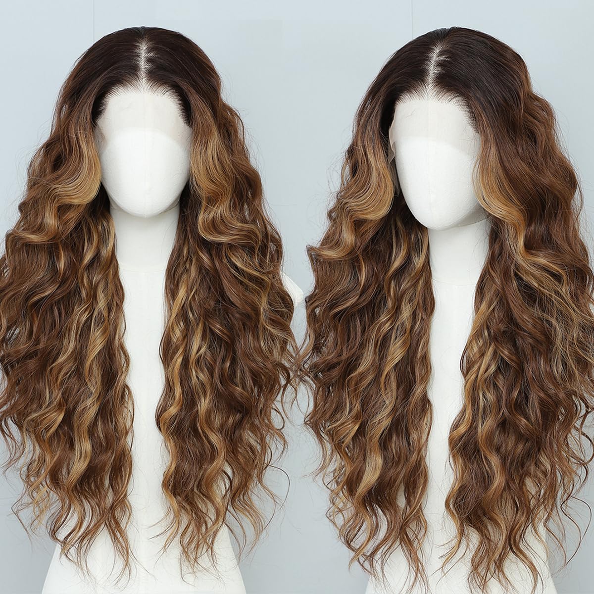 Photo 1 of Highlight Brown Mix Blonde 13x4 Synthetic Lace Front Wigs Pre Plucked 26 Inch Long Wavy 100% Futura Premium HD Lace Wigs For Black Women Ready to Wear Daily Party Use