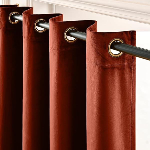 LAZZZY ORANGE VELVET EXTRA LONG CURTAINS BLACKOUT THERMAL INSULATED 108 INCH LENGTH WINDOW DRAPES FOR BEDROOM LIVING ROOM SUPER SOFT LUXURY GROMMET WINDOW TREATMENT 2 PANELS, RUST RED
