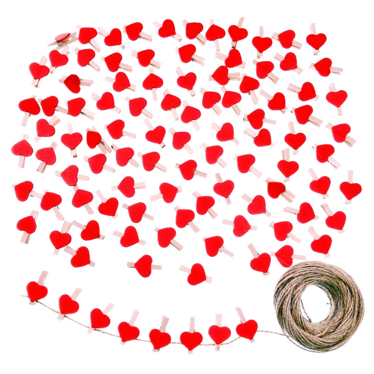 JZK 100x Red Heart Mini Wooden Clothespin 3cm + 30m Jute Twine for Wedding Party Photo Holder Card Decoration DIY Decoration