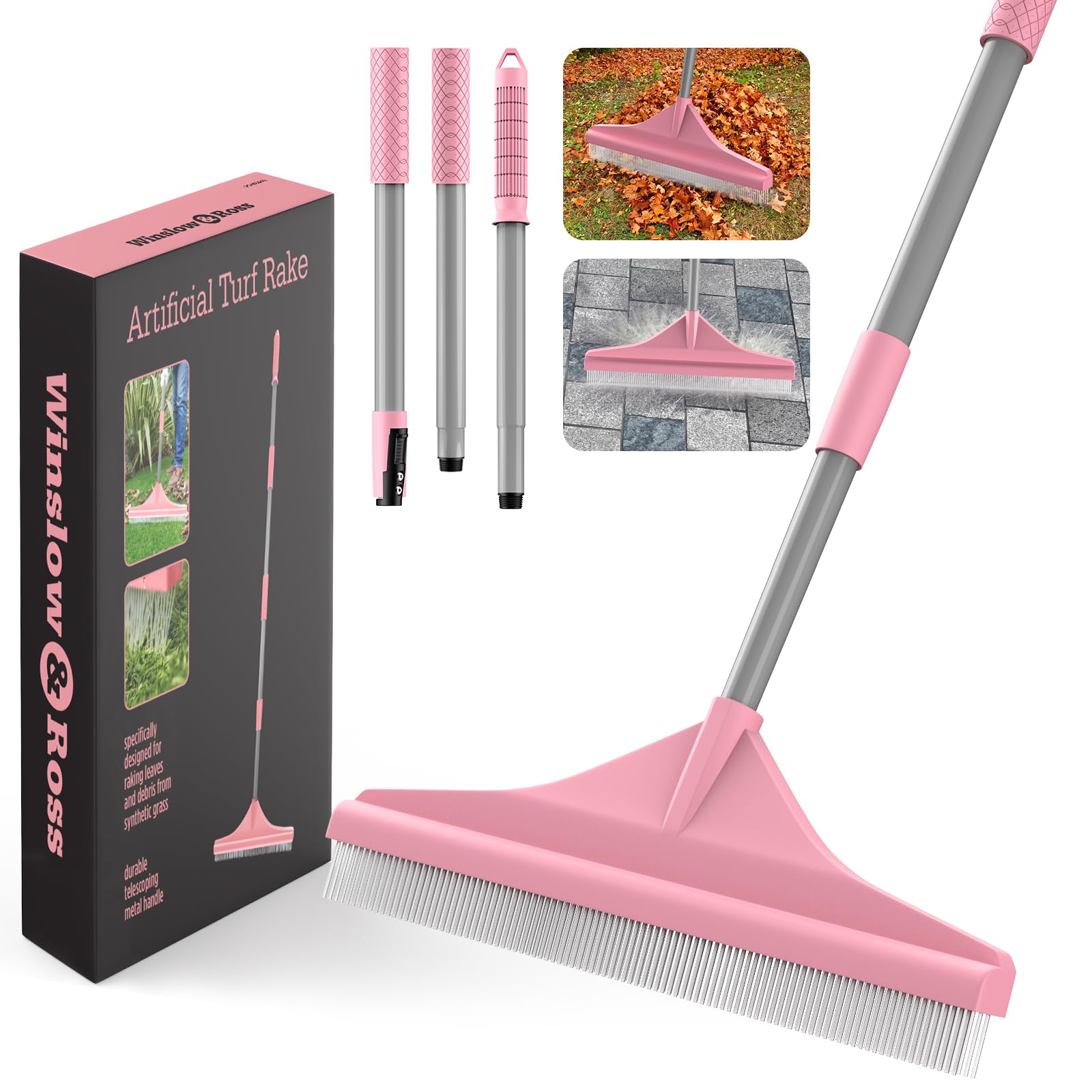 Photo 1 of Artificial Turf Rake with Steel Telescopic Handle, 32 to 55 Inch 3 Piece-Pole Easy Storage Design, Garden Hand Boom Rake for Artificial Grass, Carpet Pet Hair, Lawn Leaves and Debris Remove, Pink
