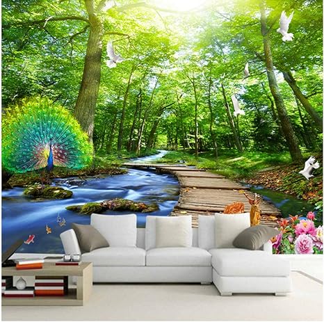 Amazon Xbwy カスタム壁画壁紙3d森林孔雀ウッドブリッジ自然風景写真壁壁画リビングルームテレビソファ背景 250x175cm 壁紙