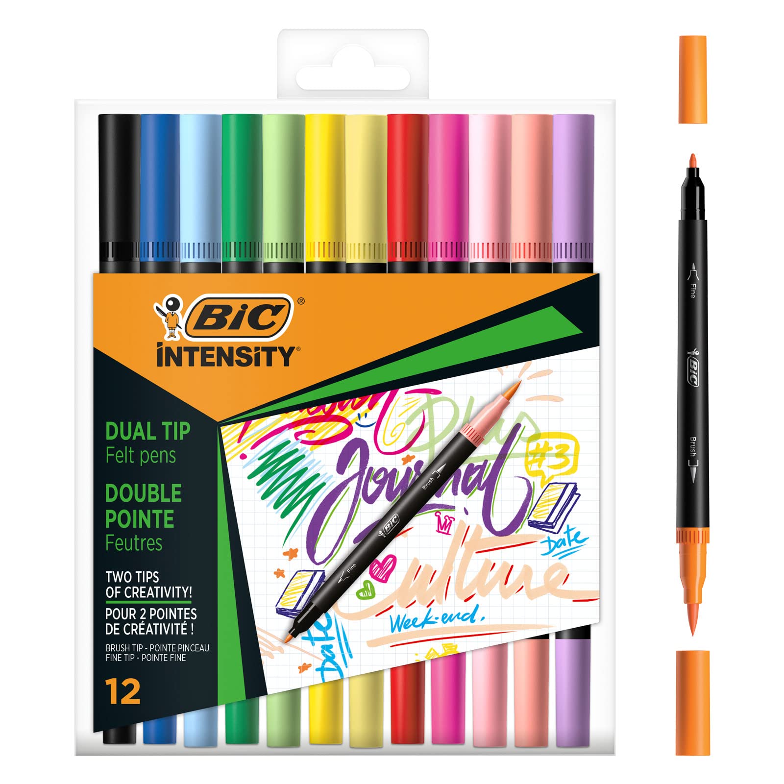 BIC Intensity Dual Tip, Dual Tip Markers, Fine Point (0.7mm) and Flexible Brush Tip, Assorted Original and Pastel Colors, Pack of 12