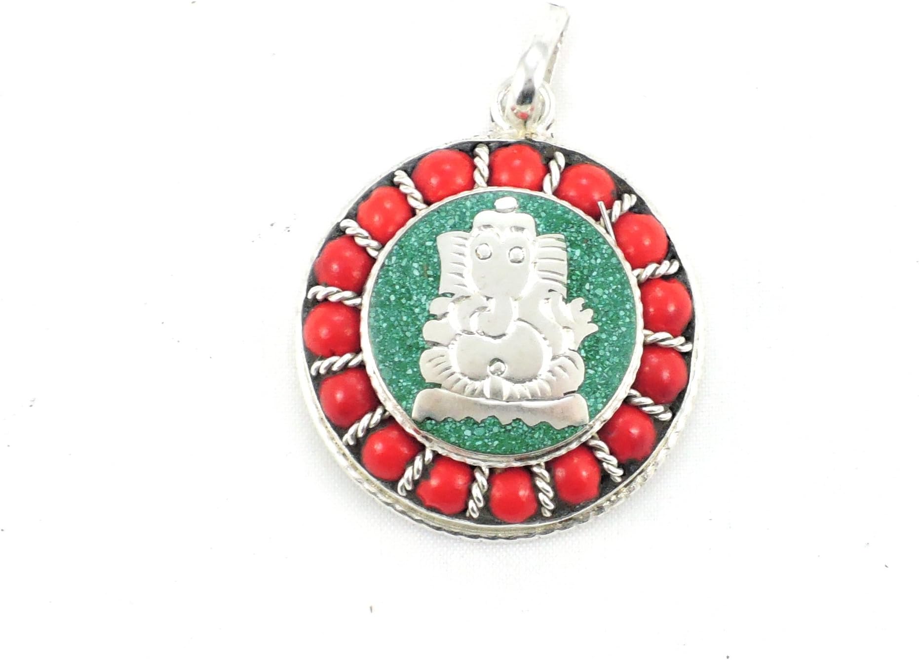 Handmade Silver Tone Round Pendant with Ganesh : 1.5" Round