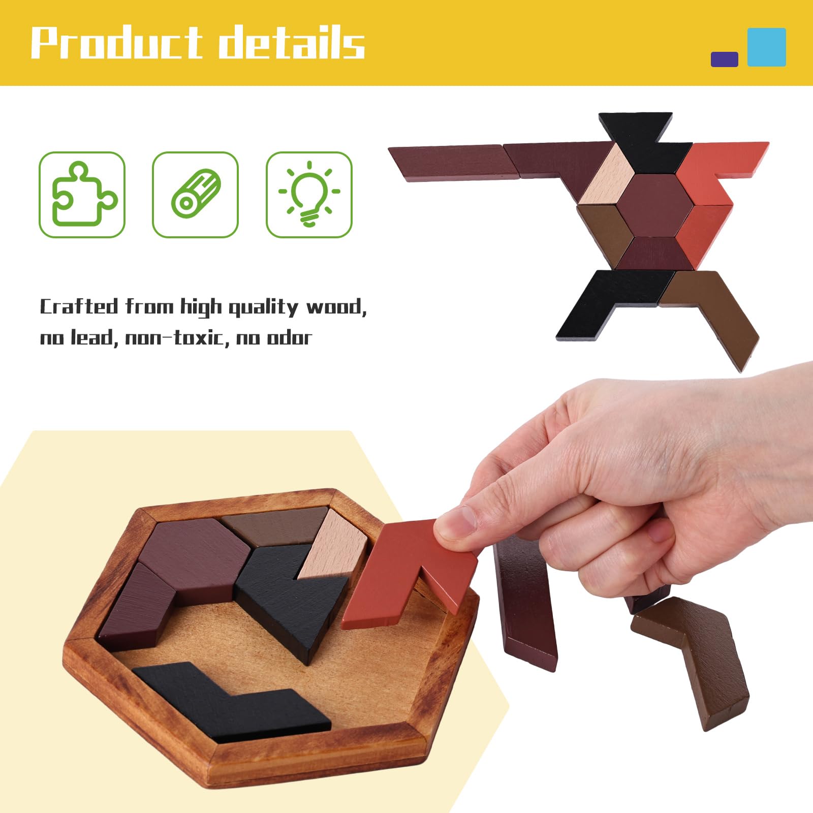 3 otters Hexagon Tangram Puzzle, Wooden Brain Puzzles Challenging Wooden Brain Teasers Puzzle Games Brain Games for Kids Family Party Gift