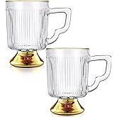 Joeyan Glass Coffee Mugs with Handle,Vintage Ribbed Clear Coffee Cups,Tea latte Cappuccino Espresso Milk Cups,Gold Rimmed Drinking Glasses,12 oz,Set of 2