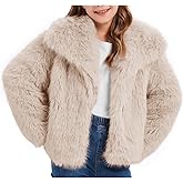 COZYPOIN Girls Faux Fur Coat Kids Fluffy Fur Jacket Cropped Long Sleeve Lapel Open Front Winter Fuzzy Outerwear Pockets 5-14Y
