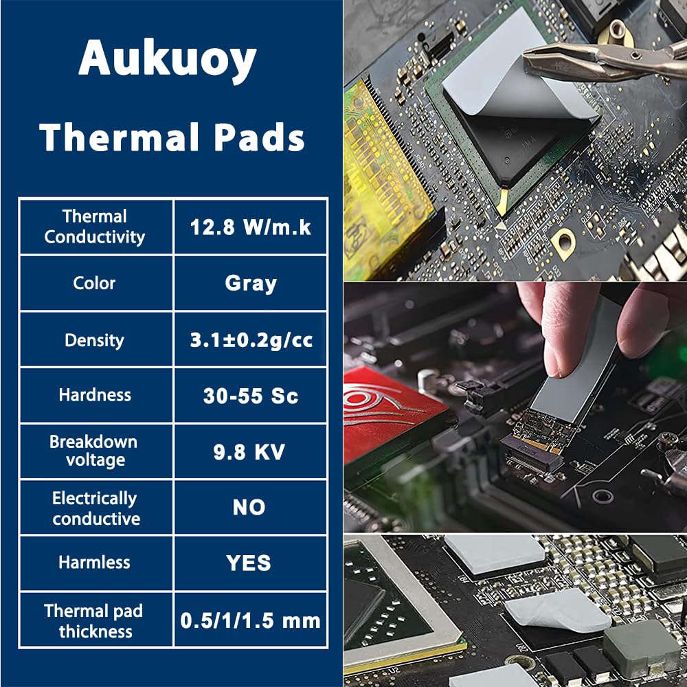 Aukuoy 3er-Pack 12,8 W/mK Wärmeleitpads, 100 x 100 x 0,5 mm/1 mm/1,5 mm Hochtemperatur-hitzebeständige Silikonfett-Wärmeleitpads für PC-Laptop-Kühlkörper, CPU, GPU, LED, SSD, IC, SMD-Kühler 2