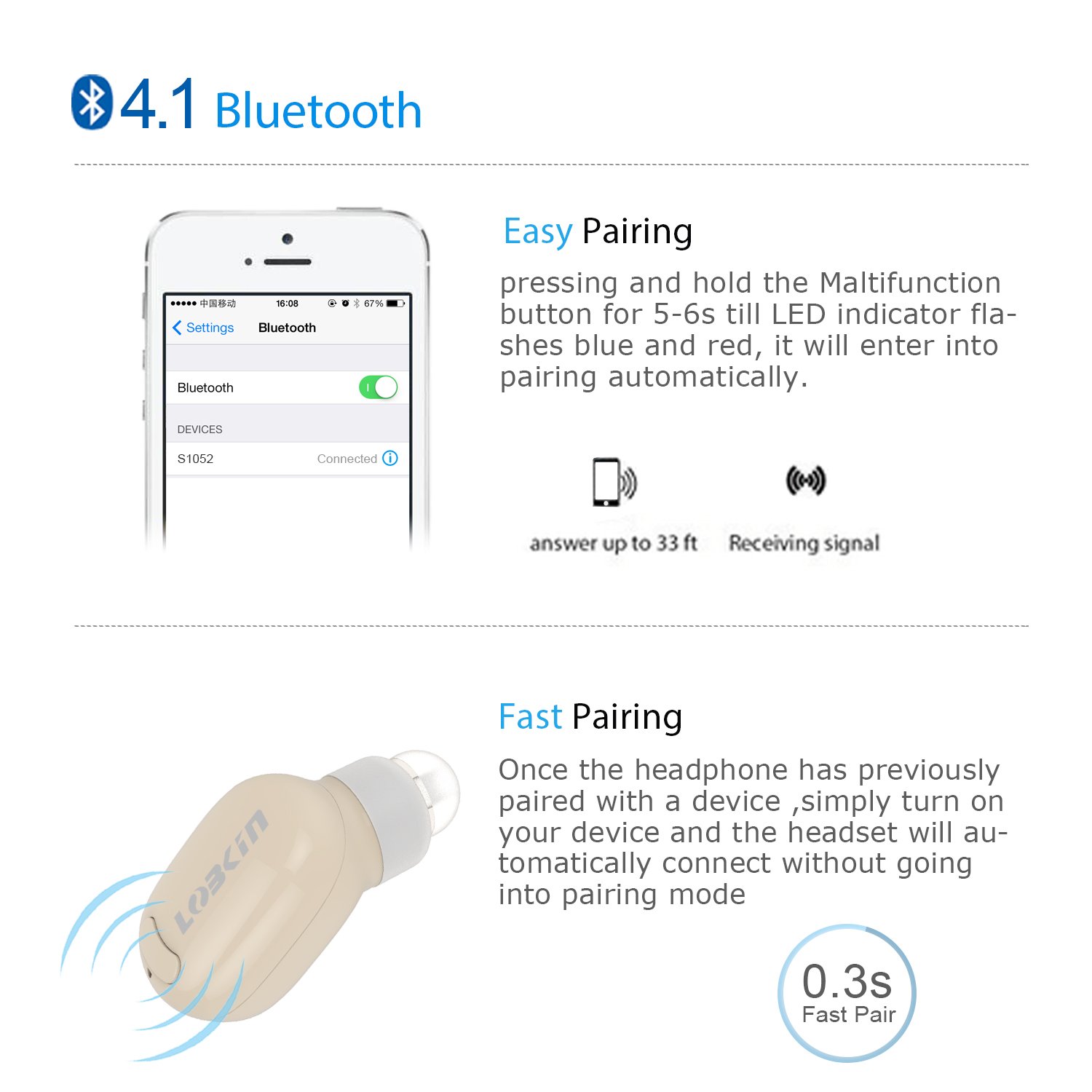LOBKIN Bluetooth Headphone,Wireless Headset Invisible Earbud Ultra In Ear Earphone Earpiece Handsfree with Mic,Paired with Two Smartphones for iPhone,Samsung,HTC,LG and Other Bluetooth Devices (Beige)
