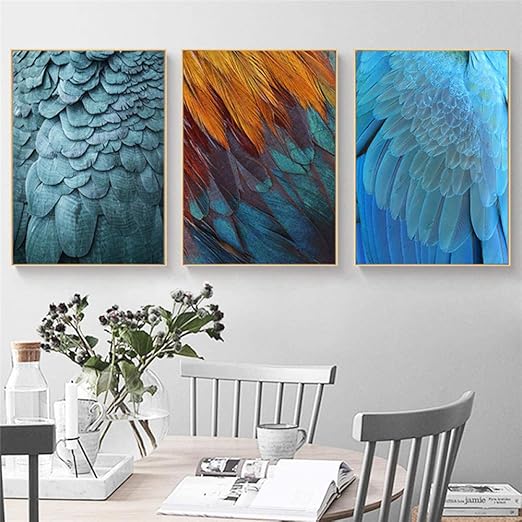 Wenjing Grune Und Blaue Feder Wandkunst 3 Panels Wohnzimmer Dekoration Leinwand Malerei Wohnkultur Artikel Leinwand Poster 50x70cmx3 Pcs Kein Rahmen Amazon De Kuche Haushalt