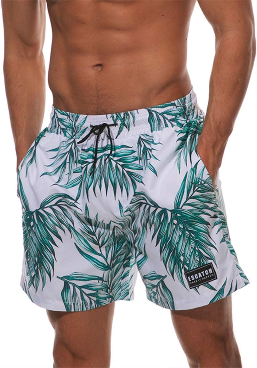 ESCATCH Men Swimming Trunks Green Leaves Printing Board Shorts Breathable Beach Sport Shorts with Mesh Lining White X-Large