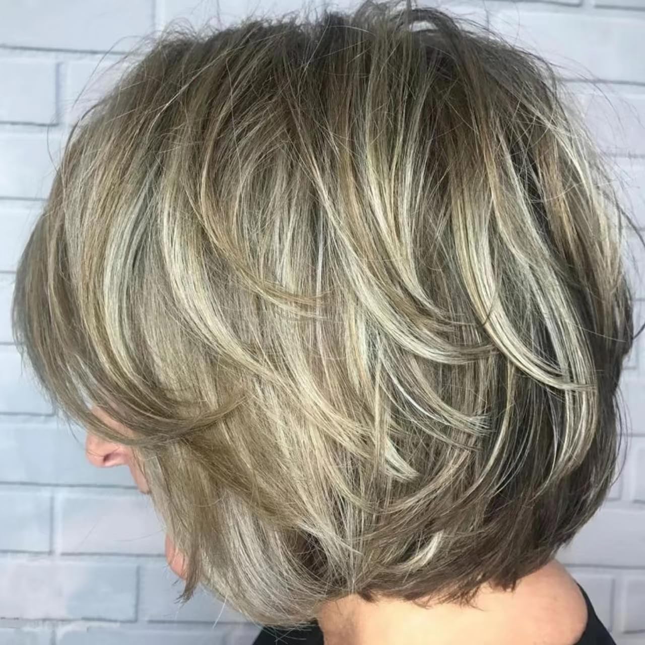 Photo 1 of Jolelyne Short Ombre Dark Blonde Pixie Cut Wig for White Women with Curtain Bangs, Layered Brown Mix Dark Blonde Natural Curly Wigs