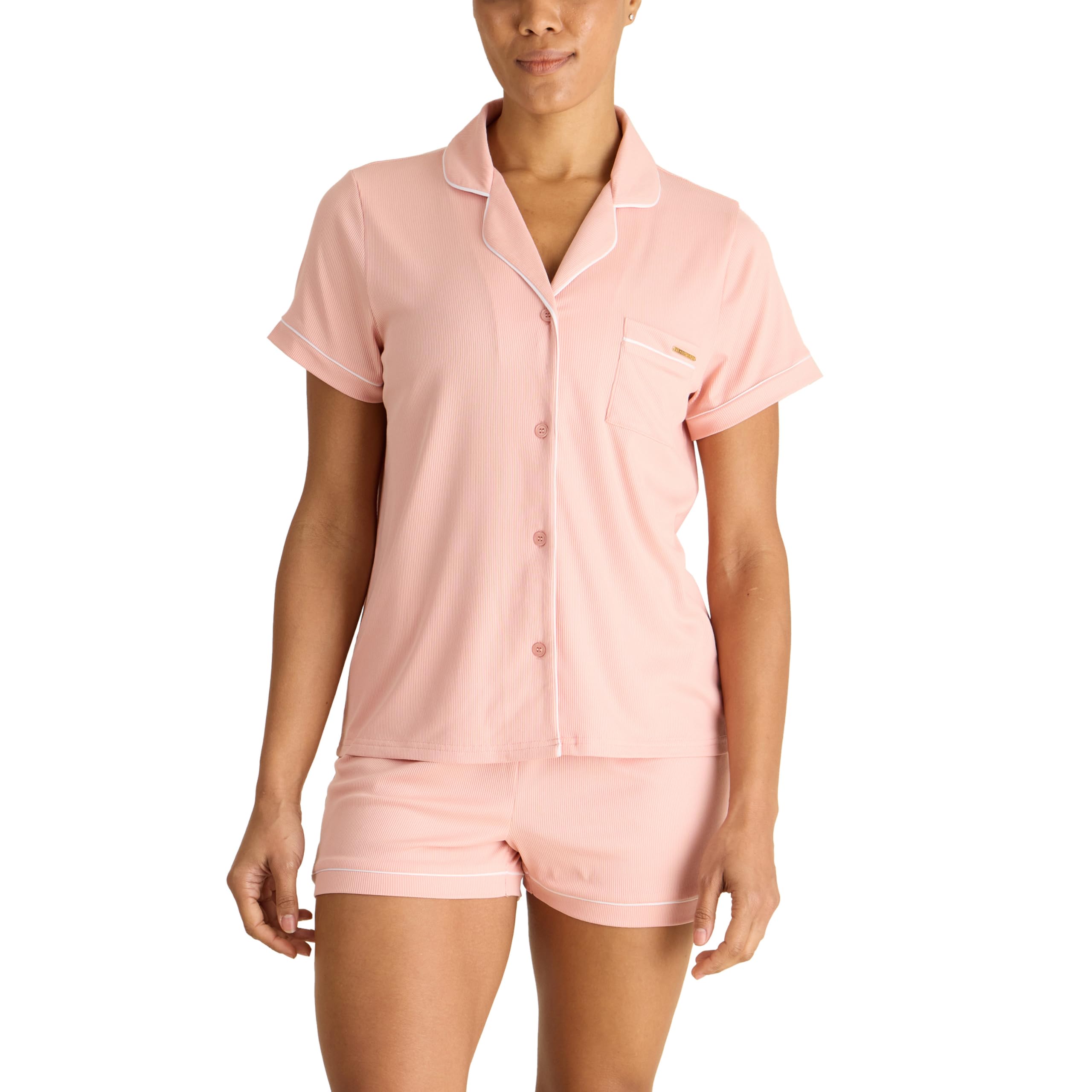 BCBGMAXAZRIA Women’s Ribbed Pajama Set Sleeve Notch Collar with Shorts, Mellow Rose