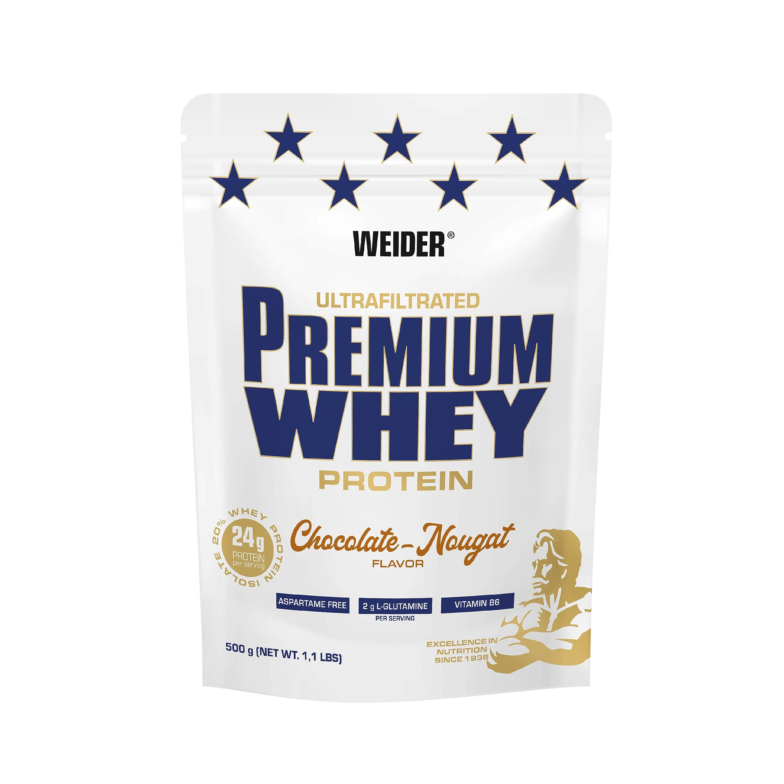 Weider Premium Whey Protein Powder, Chocolate Nougat, 33g of Protein Per Serving, Low Carb, Whey Protein Isolate, Rich in BCAA's, 500g