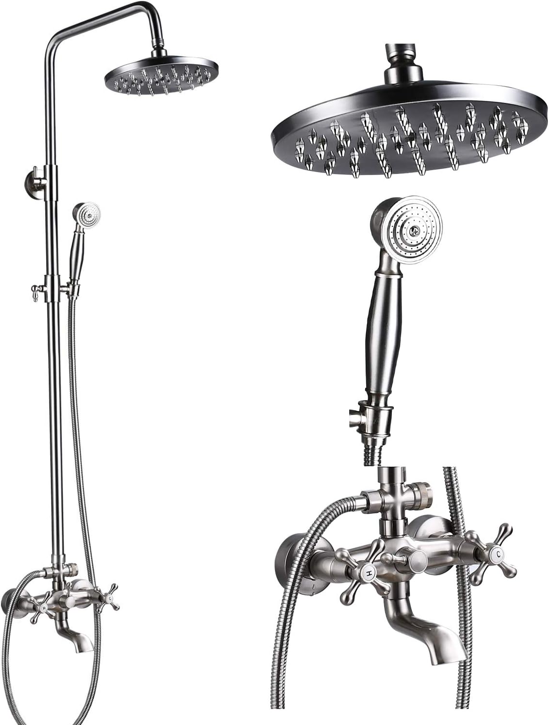 Shower Faucet Set 8 Rain Shower 2 Double Knobs Handle Brushed Nickel Triple Function Tub Spout Shower Fixture Combo System Unit Set