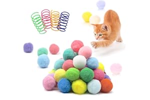 BaiKevin 30 Pcs Premium Silent Cat Pom Pom Balls, Interactive Lightweight Assorted Colors Fuzzy Toy Balls (1.2 inches), with 4 Pcs Cat Spring Toy for Indoor Kitten Playing Exercising