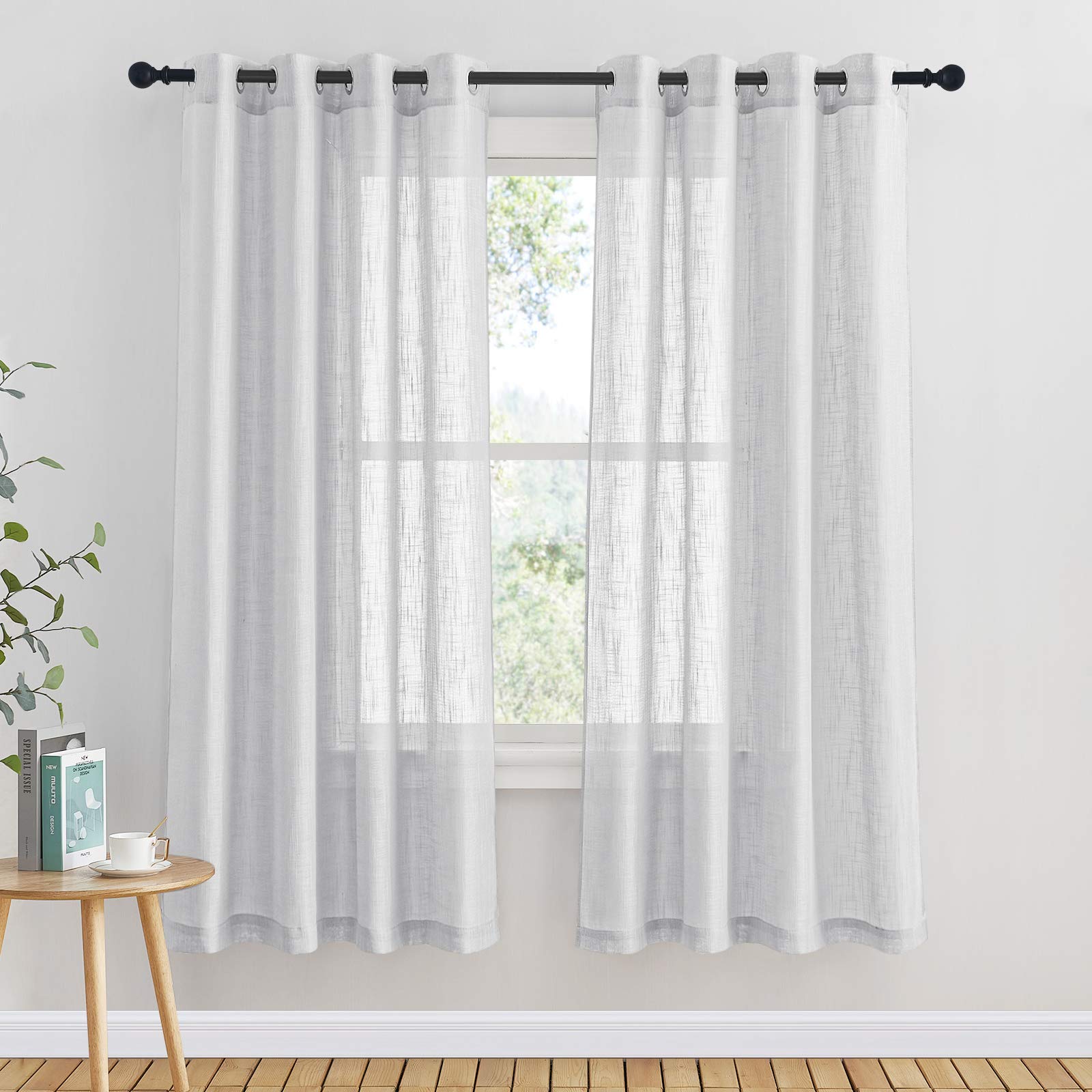 PONY DANCE Luxury Sheer Curtains for Living Room - 52 x 63 inches Window Net Curtains Eyelet Top Faux Linen Textured Sheer Privacy Protected Fabulous Small Window Panels, Set of 2, Light Grey