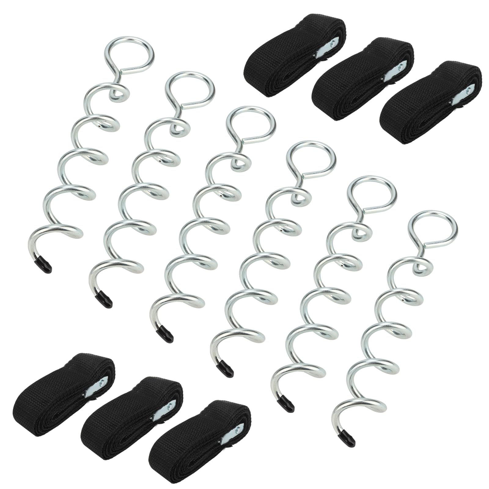 MUKCHAP Set of 6 31cm Trampoline Anchor Kit with Round Head, Galvanized Spiral Ground Anchor Set with Stakes and Straps for Sheds, Swings, Tents
