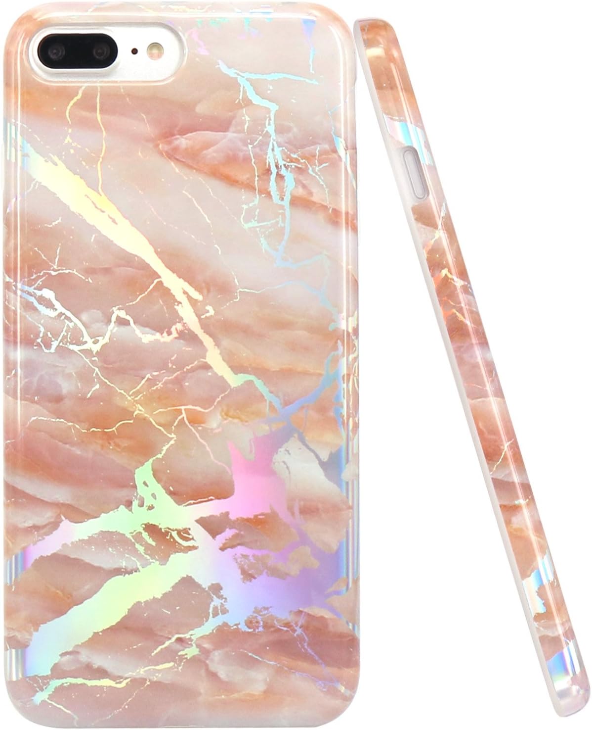JIAXIUFEN Shiny Change Color Brown Marble Design Clear Bumper TPU Soft Rubber Silicone Cover Phone Case Compatible with iPhone 7 Plus/iPhone 8 Plus