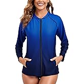 Halcurt Women's Full Zip Long Sleeve Rash Guard Swim Top with Pockets UPF50+ Quick Dry Swimsuit