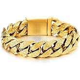COOLSTEELANDBEYOND Mens Fancy Gold Color Steel Tribal Tattoo Pattern Curb Chain Bracelet with Spring Box Clasp