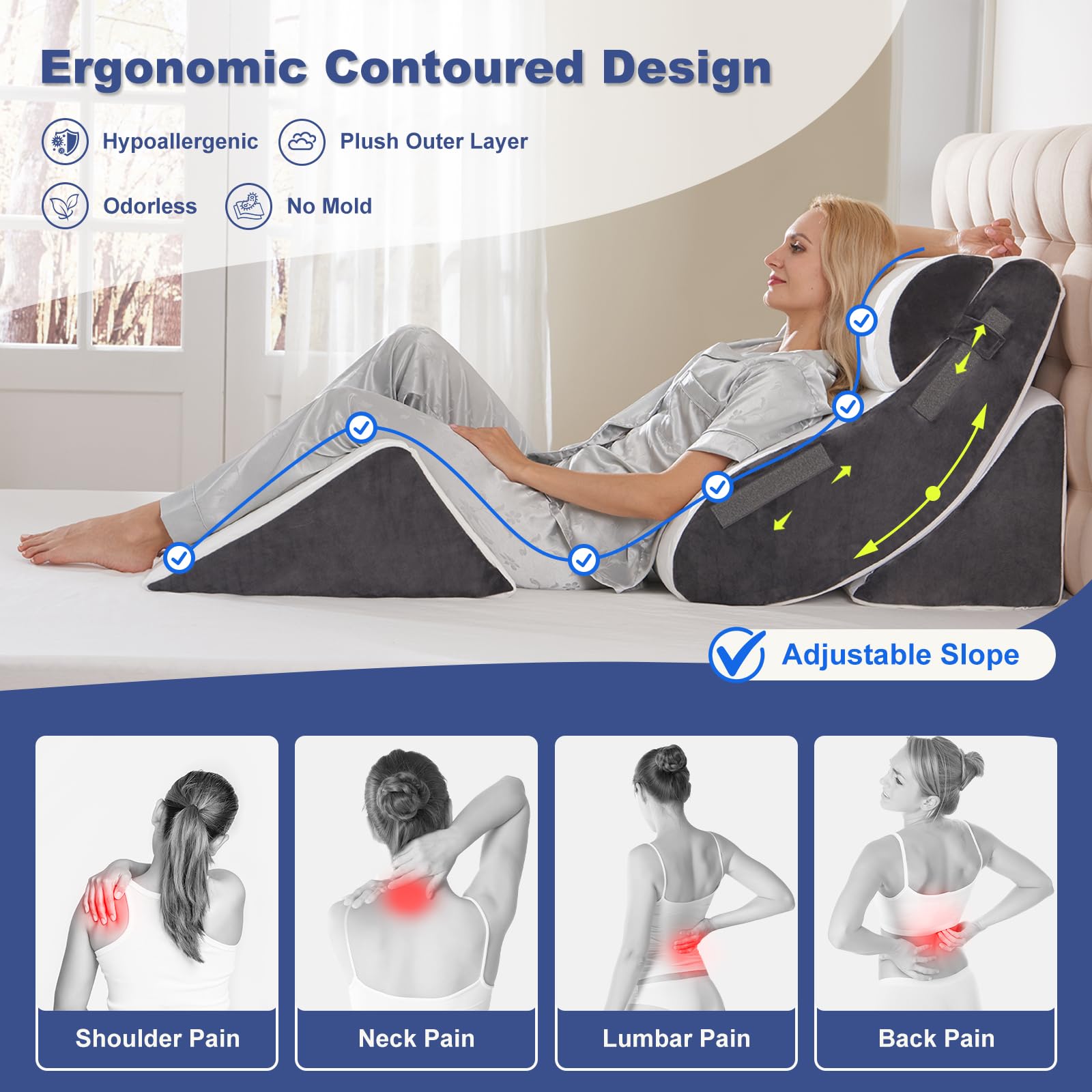 4PCS Orthopedic Bed Wedge Pillow Set for Sleeping, Post Surgery Foam Support Pillows for Back, Neck and Leg Pain Relief, Adjustable Triangle Pillow – Acid Reflux, GERD & Snoring Recovery, White Grey