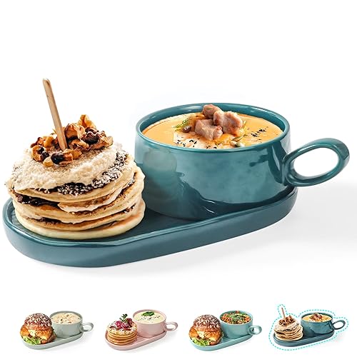 Artena Solid Soup and Sandwich Plate Combo, 16 oz Soup Bowls/Mugs/Cups with  Handles in Ceramic Plates, Glazed Soup and Side/Cracker Bowls
