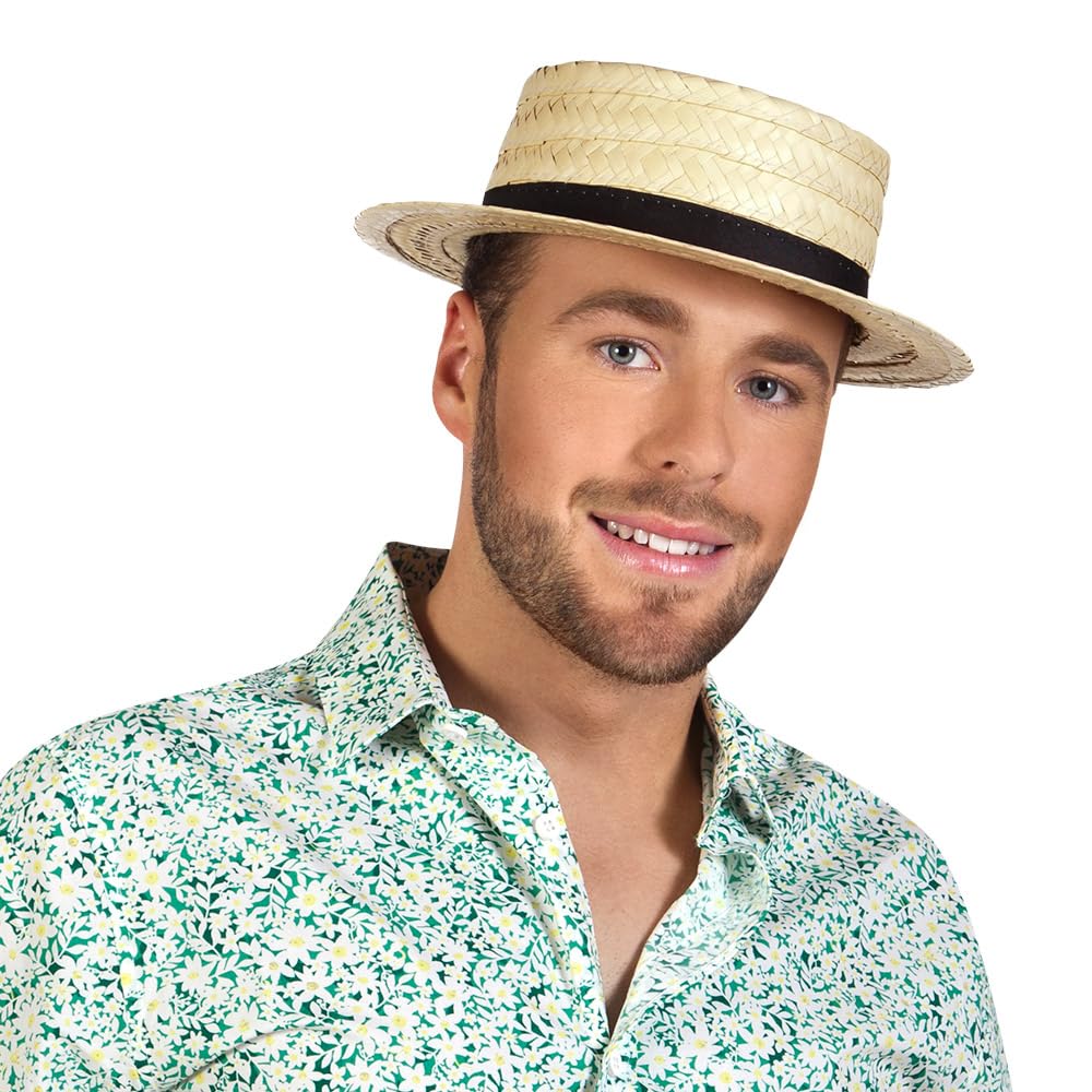 Boland Straw Canotier Hat Fancy Dress Accessory – Adult Boater Style Hat with Black Band – Ideal for Summer Parties, Carnival, Themed Events & Dress Up