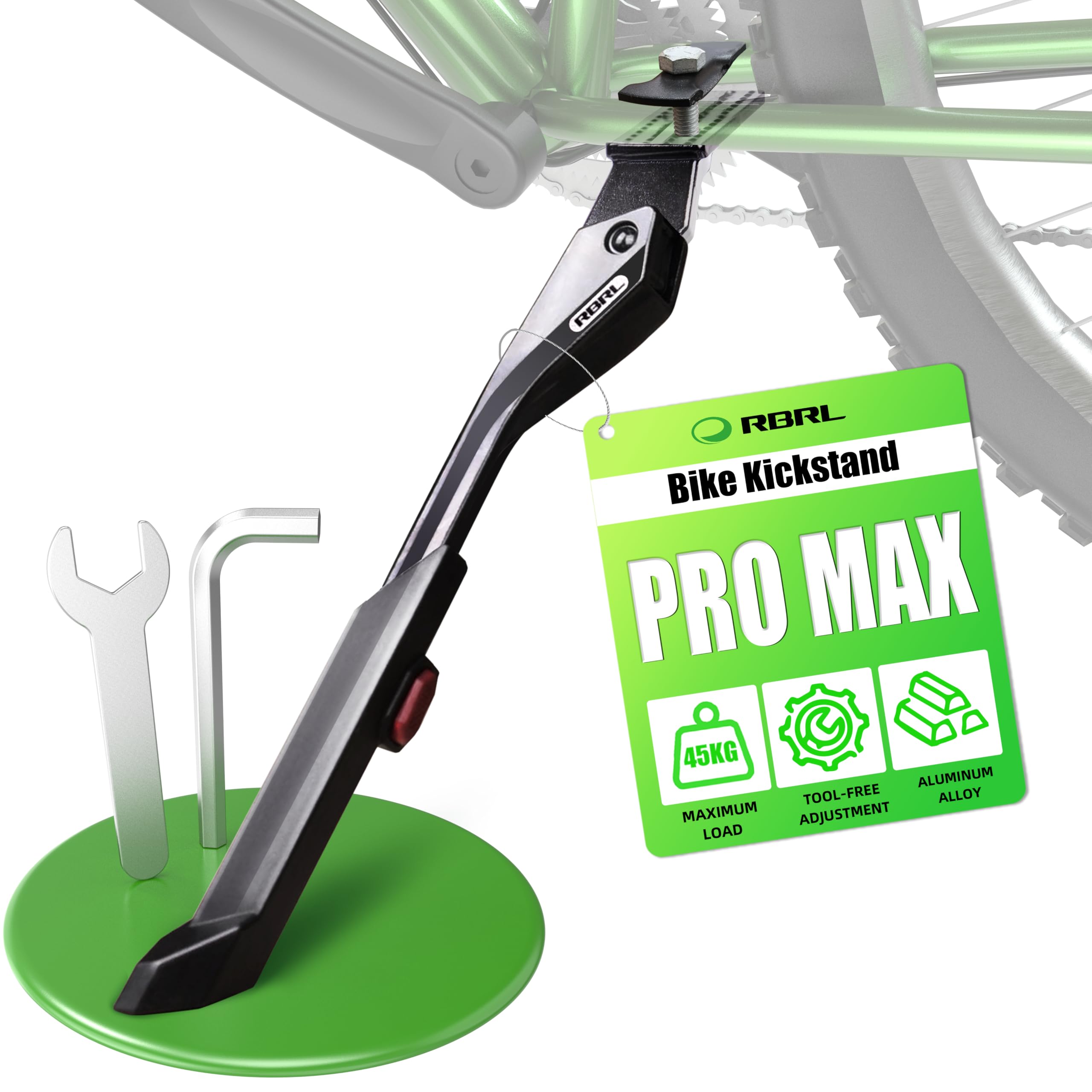 Photo 1 of RBRL Bike Kickstand 24–29 Inch, Adjustable Center Mount Kick Stand for E-Bike, Mountain Bike, Road & City Bicycle, Heavy Duty Aluminum Alloy Bicycle Stand with Non-Slip Foot Pad (Max Load 45kg)