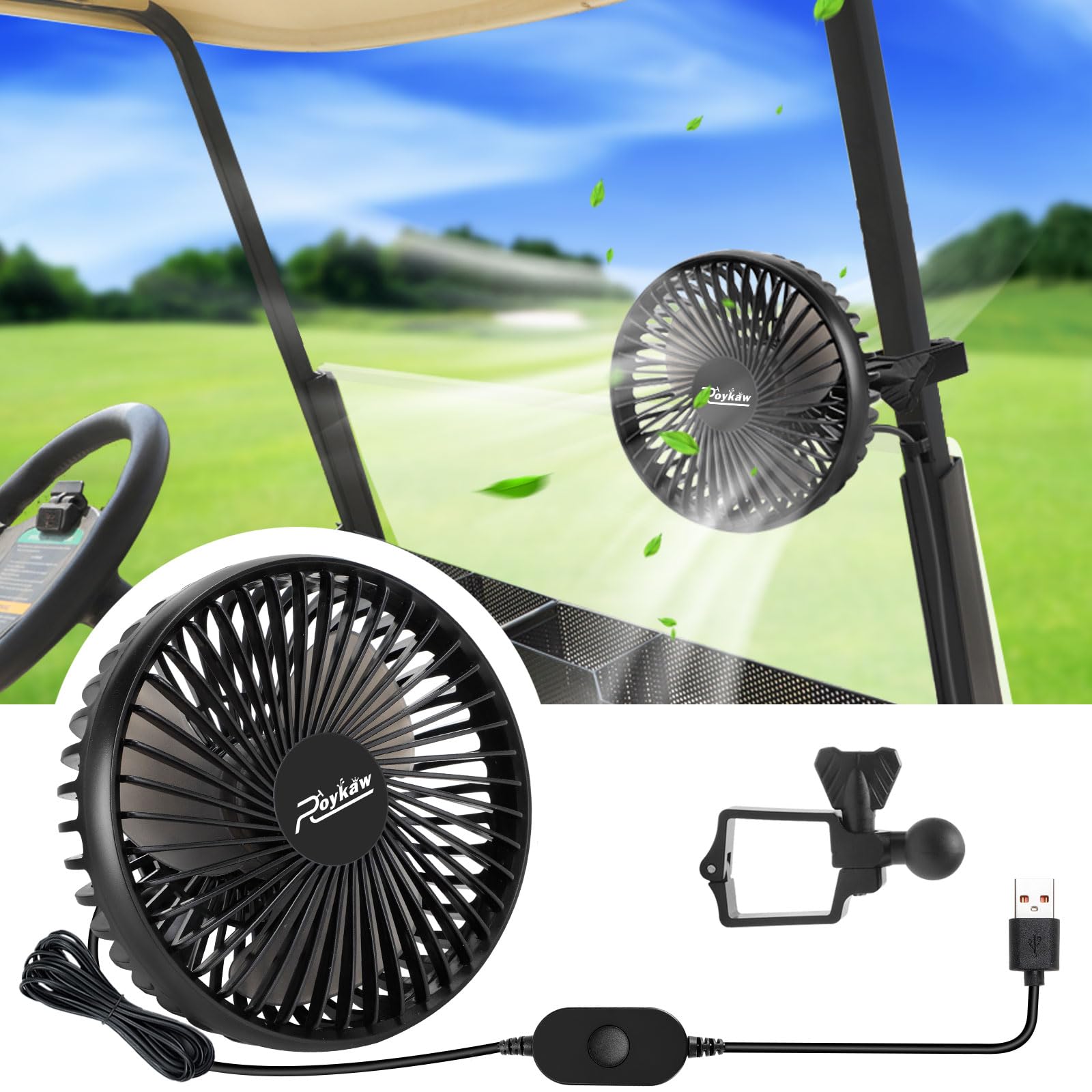 Photo 1 of Roykaw Golf Cart Fan Portable USB Input Compatible with EZGO Club Car Yamaha, 3-Speed Settings, 360 Degree Rotation, Long Lasting, Low Noise Designed, Quick Release & Won't Fall Off
