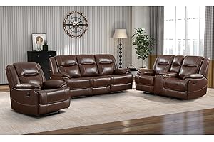 EBELLO Genuine Leather Manual Recliner Sofa Set, 1 Seat Reclining Chair, a Loveseat, a 3 Seater Sofa with Storage Cup Holders, Modern Durable Home Furniture Set for Living Room, Vintage Brown