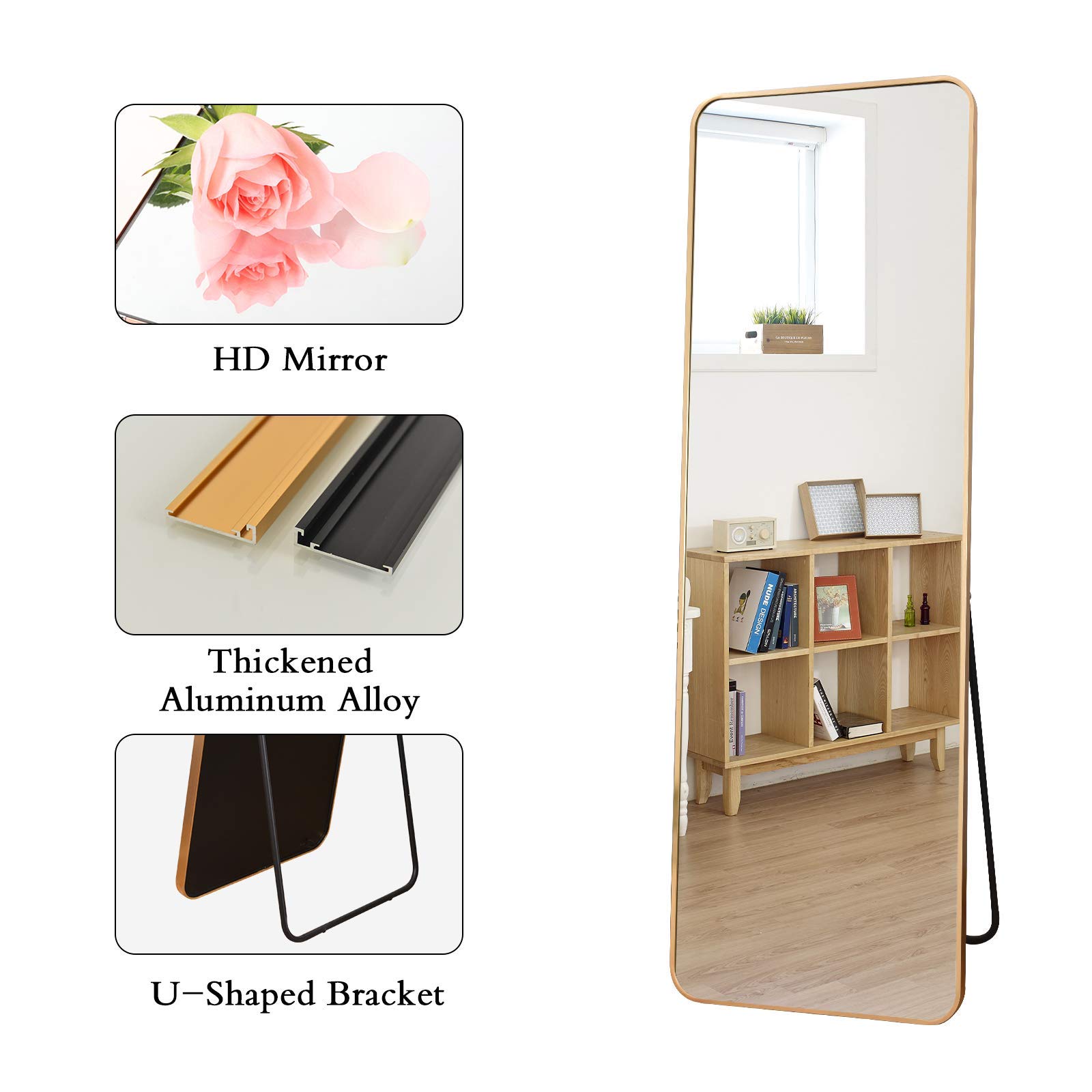 BEAUTYPEAK Gold Full Length Mirror, Rounded Floor Mirror Standing Hanging or Leaning Against Wall Dressing Room Mirror Full Length, 60"x20"