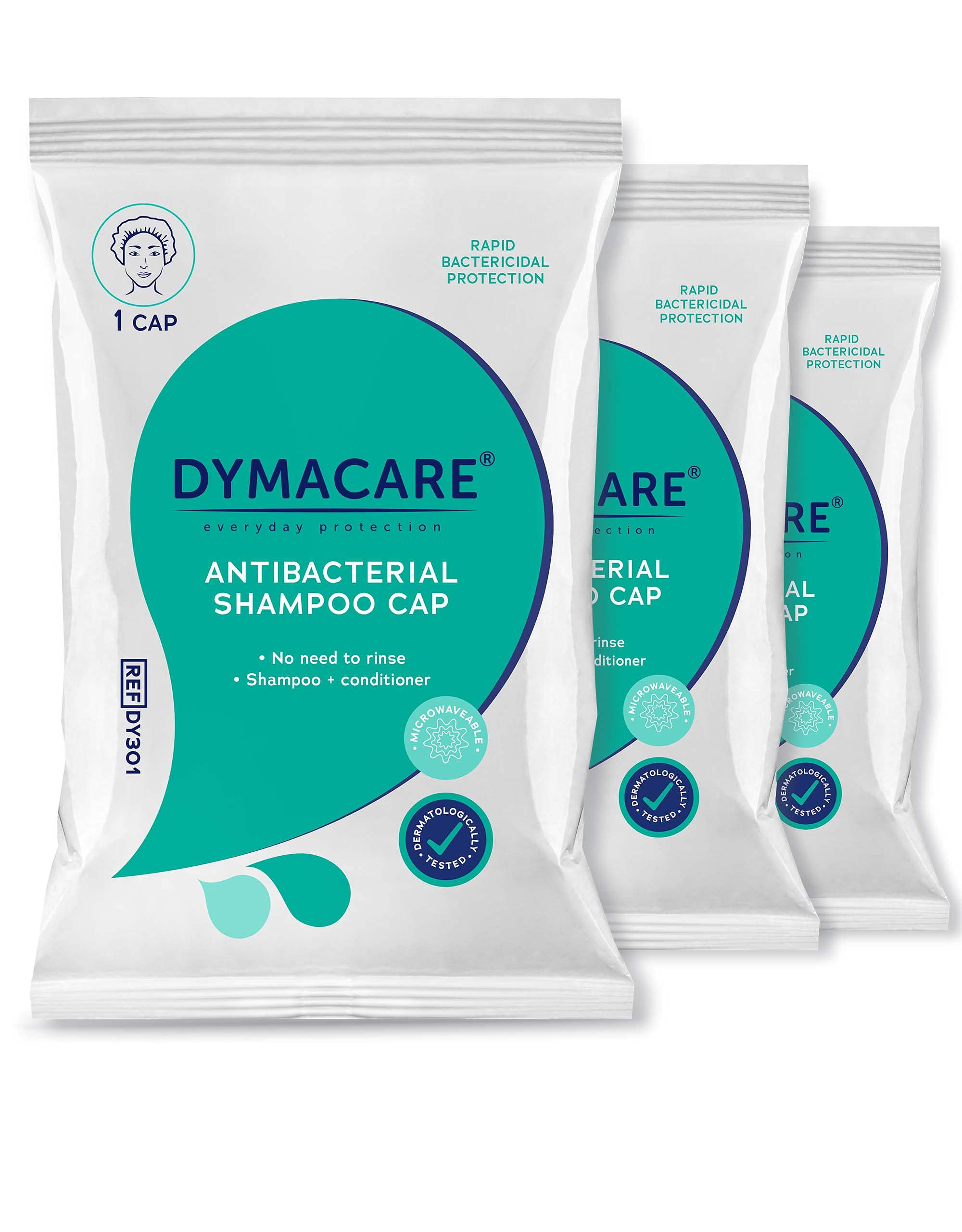 DYMACARE Antibacterial No Rinse Shampoo Cap | Rinse Free Shower Cap That Shampoos & Conditions | PH Balanced Waterless Hair Wash | 3 Caps