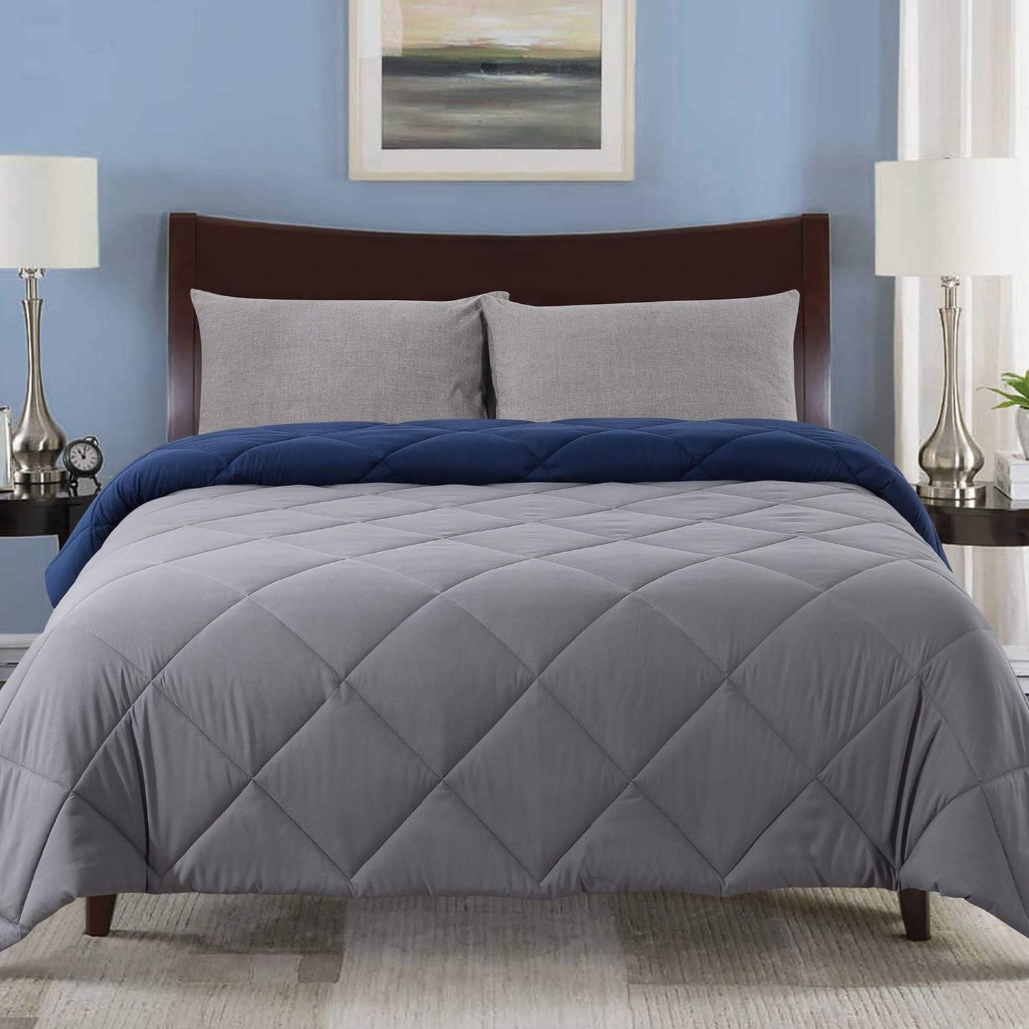 Cosybay Reversible Down Alternative Comforter Grey/Blue - Corner Duvet Tabs- Double Sided & Lighweight -All Season Duvet Insert-Stand Alone Comforter – Queen Size（88×92 Inch）: Kitchen & Dining