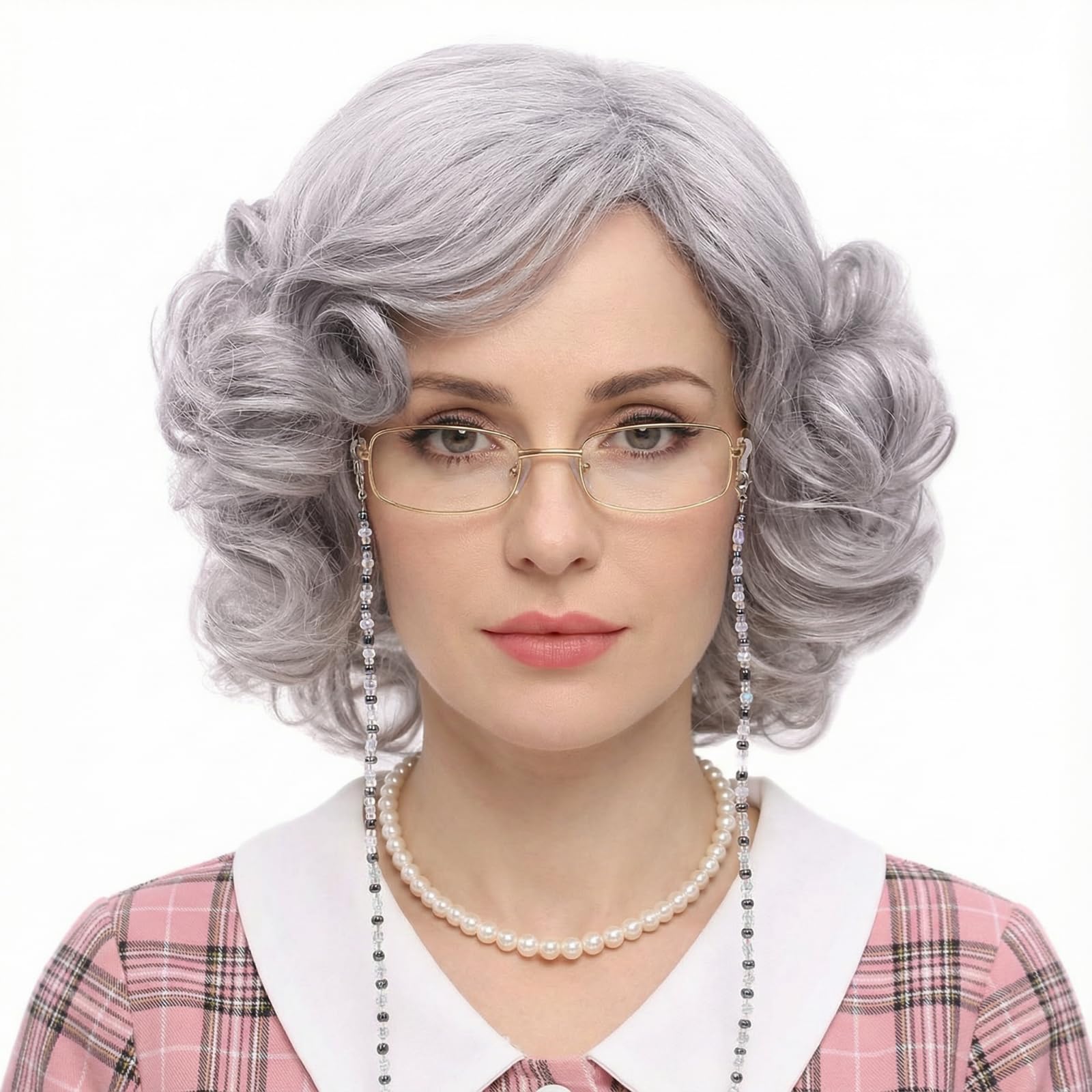 REEWES Gray old lady Curly Wigs with Bangs for Mrs Claus Cosplay Costume Short Layered Synthetic Hair Party