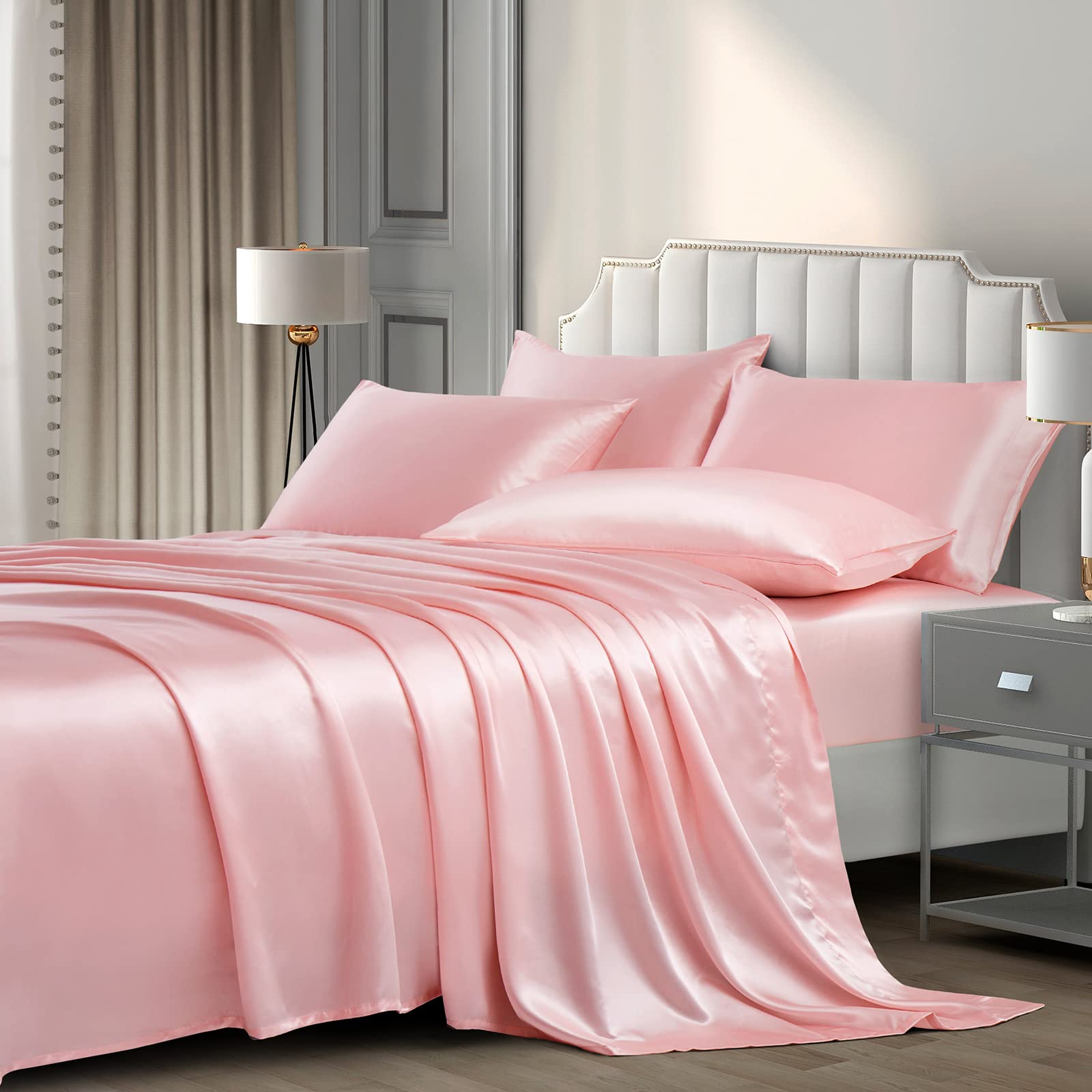 P Pothuiny 6 Pieces Full Satin Sheets Luxury Silky Blush Pink Satin Bedding Sheet Set, 1 Deep Pocket Fitted Sheet + 1 Flat Sheet + 4 Pillow Cases