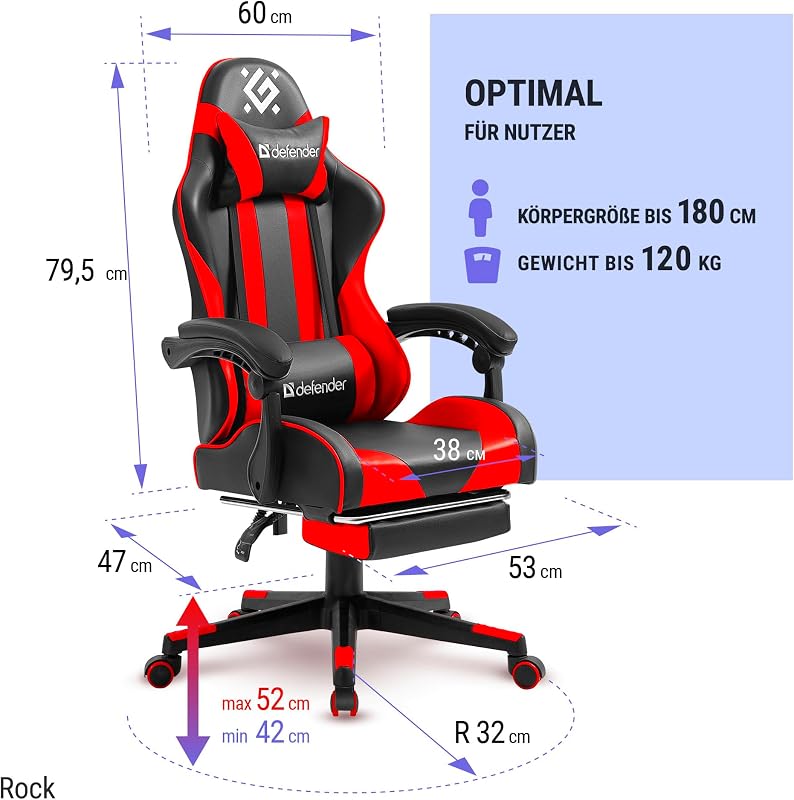 Rock Gaming Chair – Poltrona ergonómica com apoio para os pés – Pele sintética – encosto a 135° – Edição Comfort – Até 120 kg – Preto Vermelho