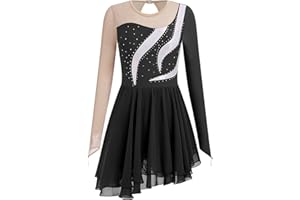 IBAKOM Ice Skating Dress for Women Long Sleeve Figure Skating Costume Rhythmic Gymnastics Leotard Sparkly Chiffon Skirt
