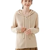 G Guzemor Women's Cashmere Blend Merino Wool Cardigan Full Zip Open Front Drawstring Hoodie Sweater Long Sleeve Lightweight