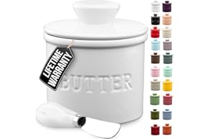 Zulay Kitchen Butter Crock With Lid & Spreader Knife for Countertop - Ceramic French Butter Dish Keeper For Fresh & Spreadable Butter - White