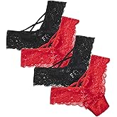 Anna & Eric 4 Pcs Floral Lace Sexy V-Back Criss Cross Mid Rise Thong Panties