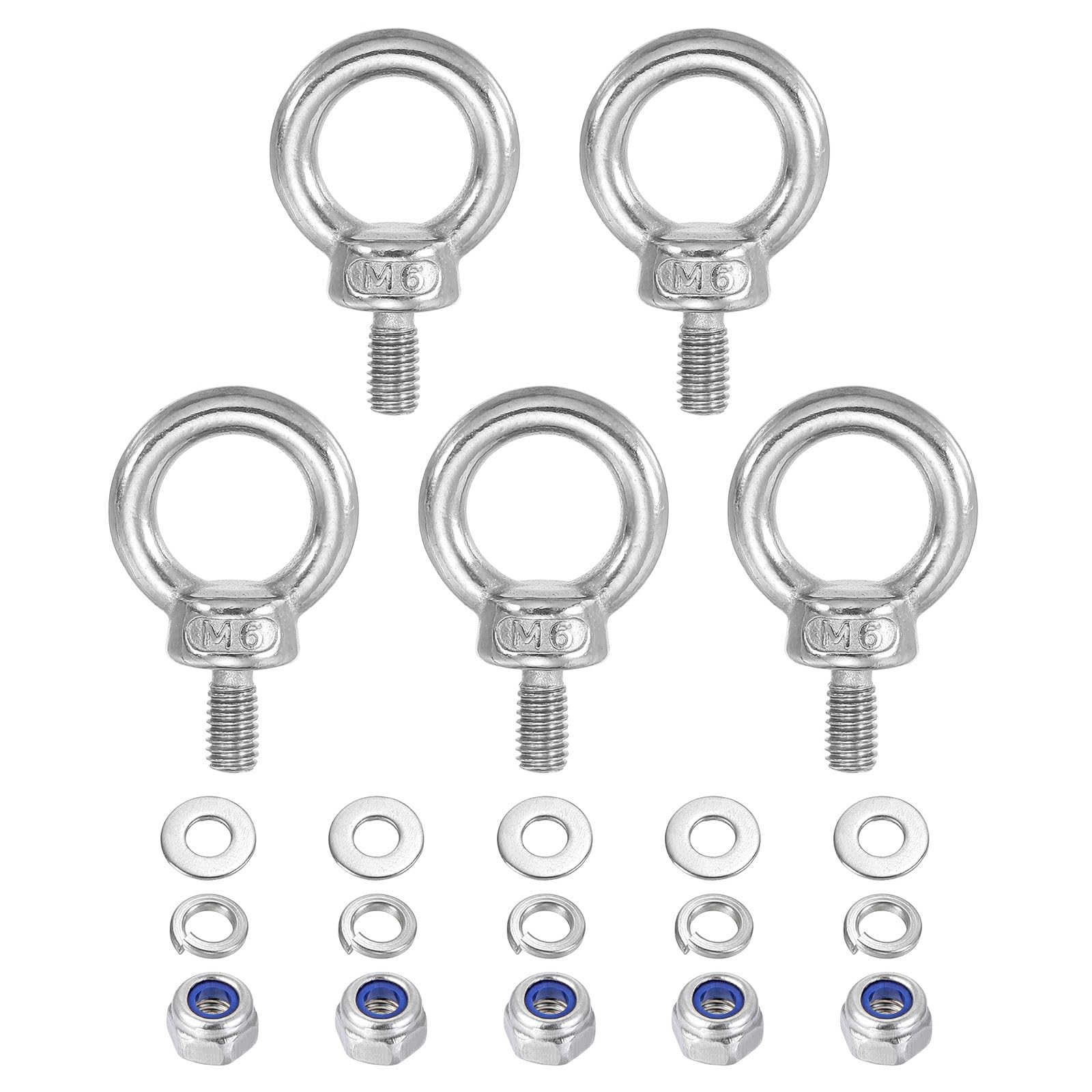 PATIKIL M6 x 11mm Lifting Shoulder Eye Bolt, 5Pcs 304 Stainless Steel Lifting Ring Threaded Eyebolt with Nuts Washers for Hanging Hammocks Articles