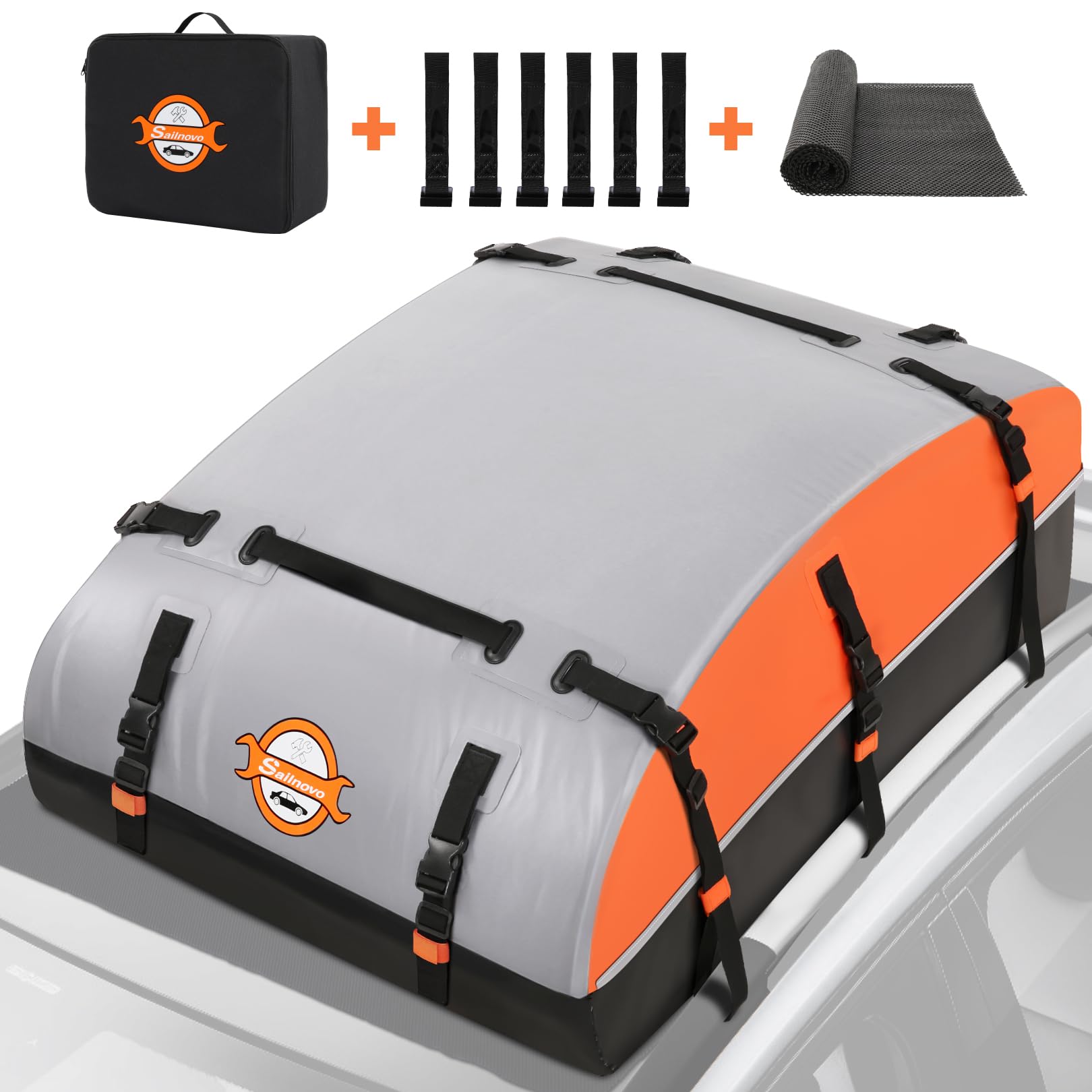 Photo 1 of Sailnovo Rooftop Cargo Carrier Bag 21 Cubic, 1000D PVC Waterproof Vehicle Soft-Shell Carrier for Cars with/Without Roof Rack, Car Roof Storage Includes Anti-Slip Mat,10 Reinforced Straps, 6 Door Hooks