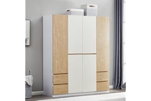 ModMakers 74.8" H Wooden 4 Doors White Wardrobe Closet Armoire Wood Freestanding Closet Cabinet for Bedroom Bathroom Clothes Storage Closet Wardrobe with Hanging Rod, Wooden Clothes Organizer