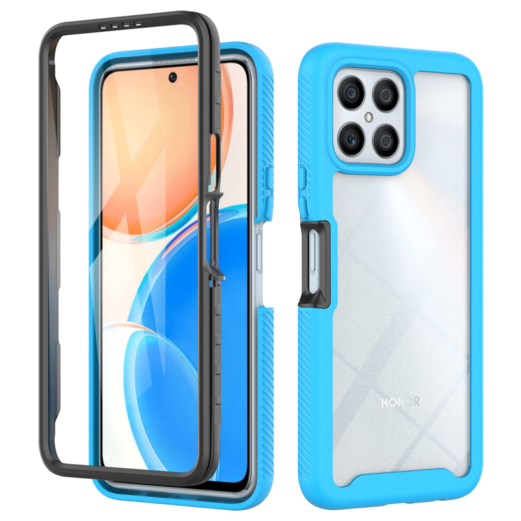 ESTH® Honor X8 Clear Case, Silicone & PC Hybrid Full-Body Armour Built-in Screen Protector and PC Bumper Military Grade Heavy Duty Shockproof Cover, Light Blue