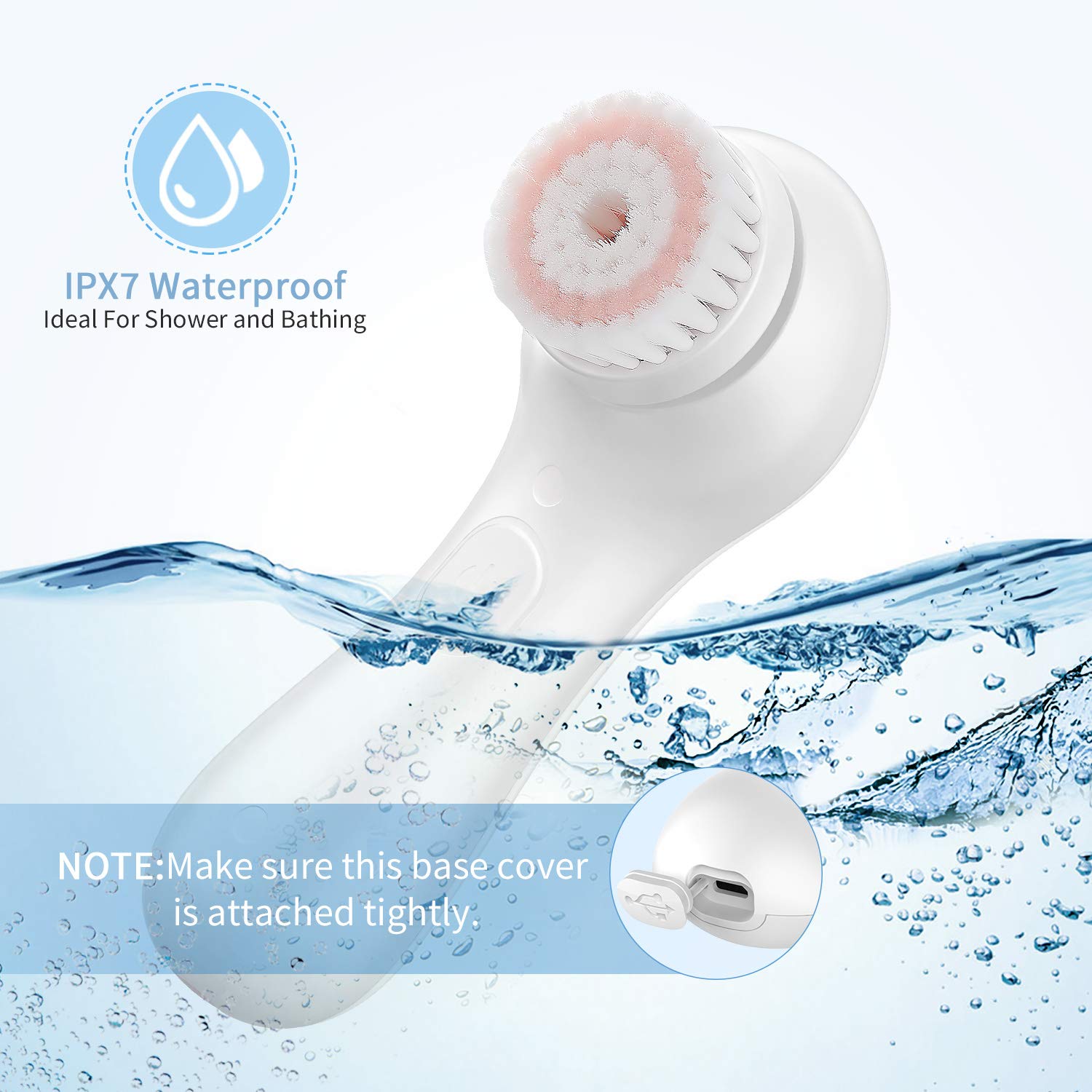 Liberex RF100 Facial Cleansing Brush - IPX7 Waterproof with 2 Brush Heads, USB Charging, Spin Face Brush for Deep Cleansing, Gentle Exfoliating and Massaging, White: Beauty