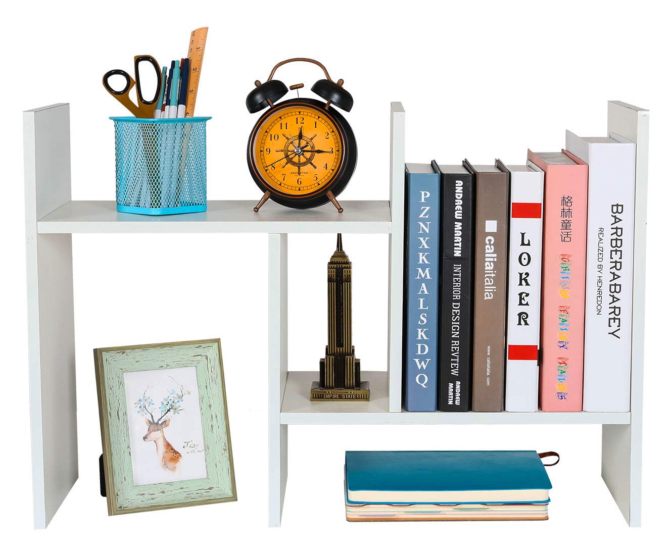 PAG Adjustable Desktop Bookshelf Countertop Bookcase Wood Desk Storage Shelf Organizer Literature Display Rack, White