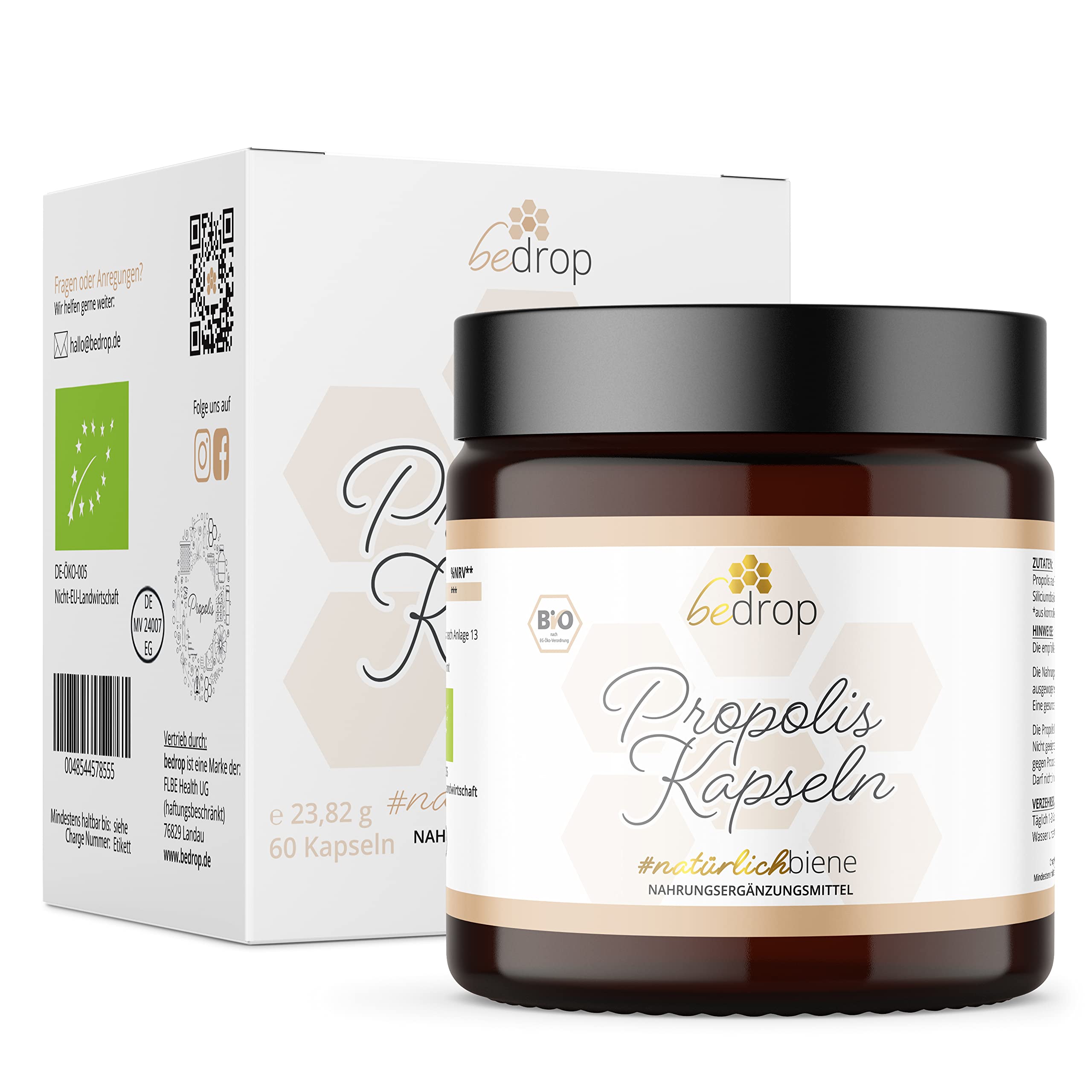 bedrop Organic Propolis Capsules 800 mg per Capsule High Dose - 60 Propolis Extract Capsules from Organic Beekeeping - Rich in Polyphenols & Flavonoids - In Sustainable Glass Packaging