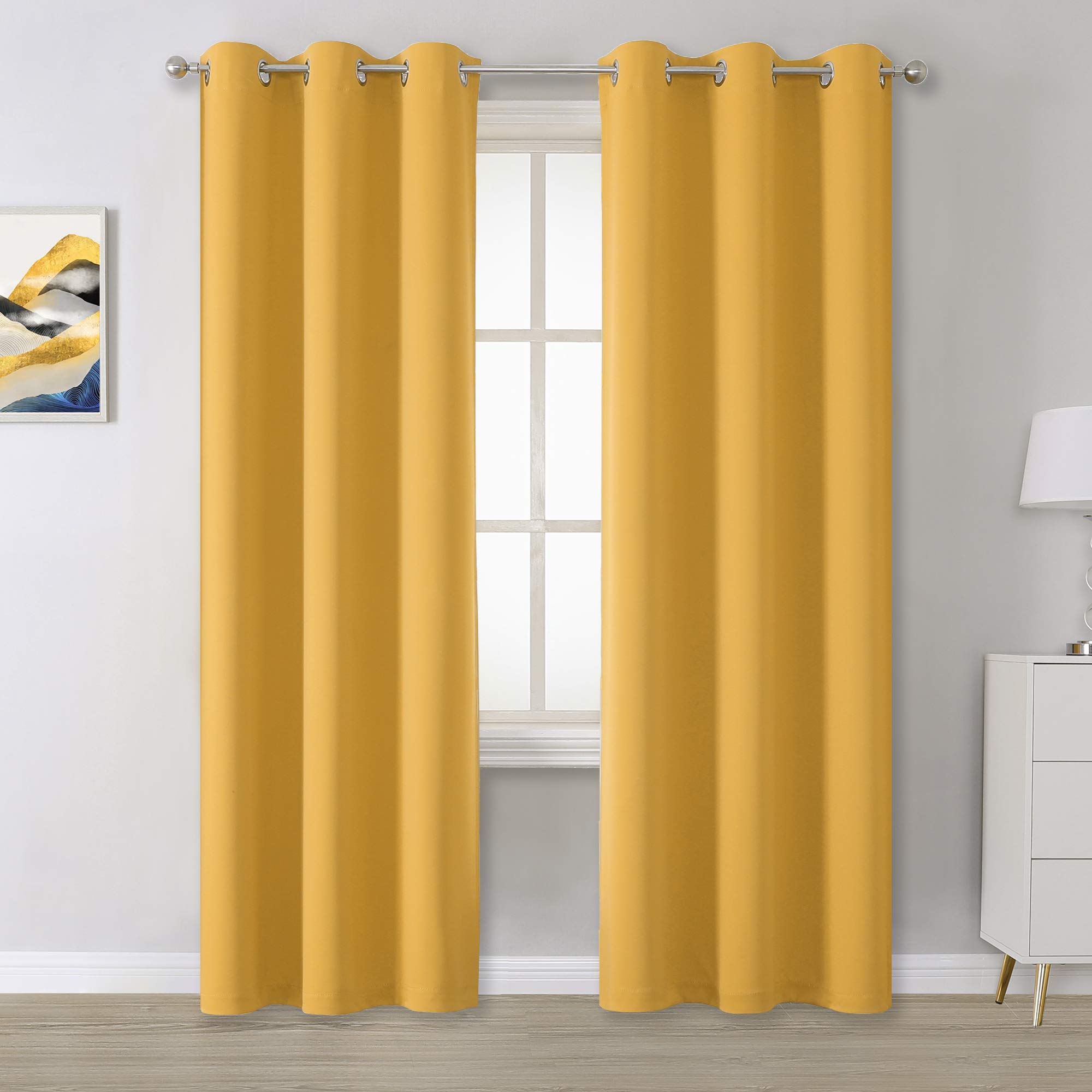 DUALIFE Set of 2 Thermal Insulated Blackout Grommet Window Curtain Panels for Bedroom and Living Room 84Wx42L Inch Yellow
