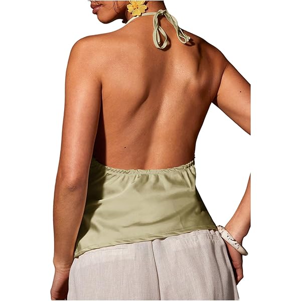 MakeMeChic Women's Polka Dots Halter Tops V Neck Tie Back